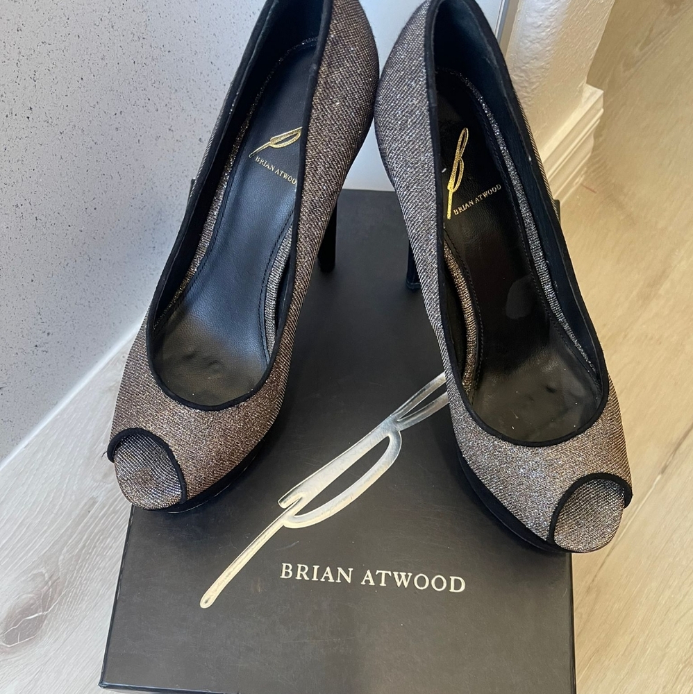 Brian Atwood Women's Black and Silver Peep Toe Heels